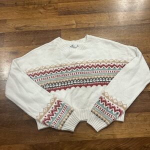 Hollister Cream Crewneck Sweater with Red, Green & Tan Fair Isle Pattern